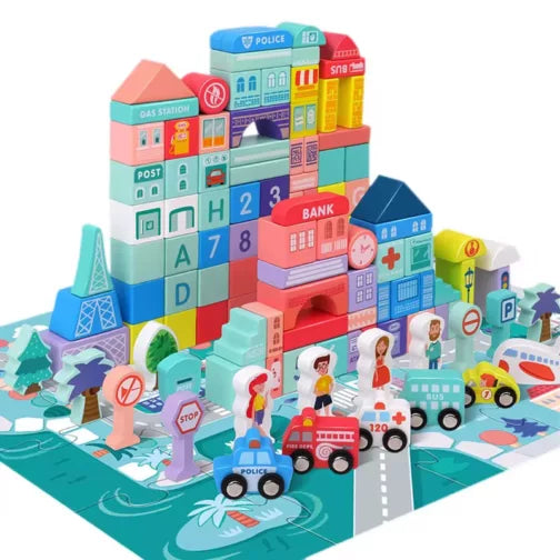 Ensemble de blocs de construction en bois représentant une ville minia ...