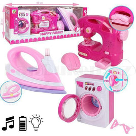 🧵 Kit Électroménager Jouet – Machine à Coudre + Fer à Repasser + Machine à Laver – Happy Family